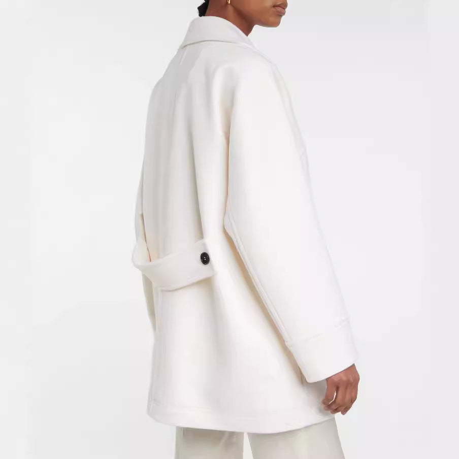Women's short-cut double-breasted wool blend coat with wide shoulder Mune Fashion