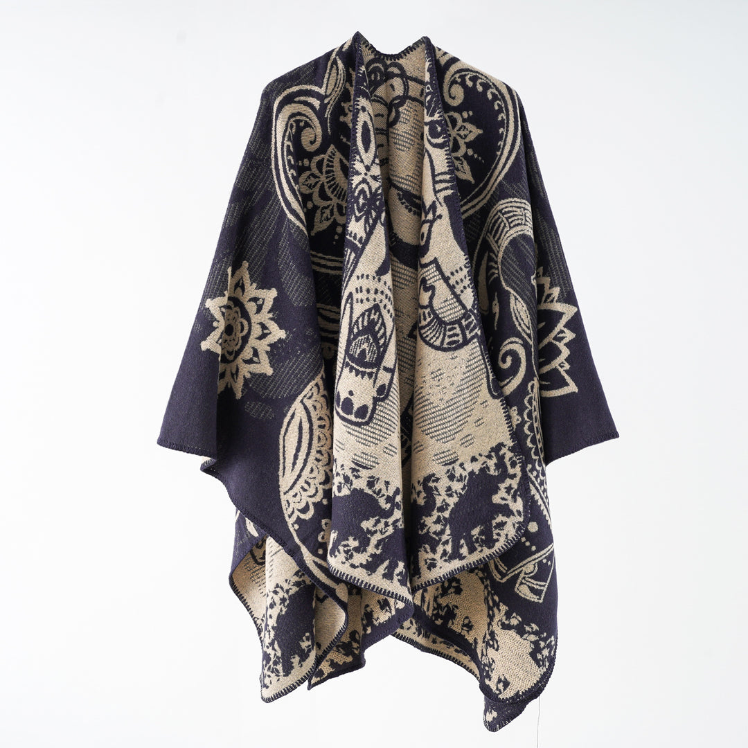 Women's jacquard throw poncho with double-sided woven texture and decorative stitch edge Mune Fashion