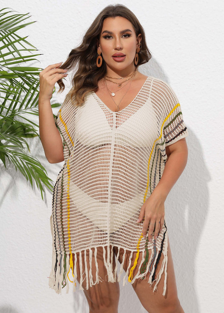 Women airy crochet beach cover-up with fringed hem Mune Fashion