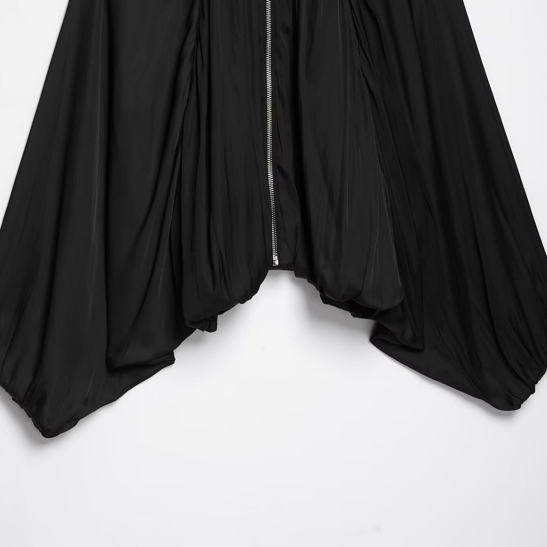 Women Pleated Cropped Cape Jacket with Zipper and Ballooned Hem Mune Fashion