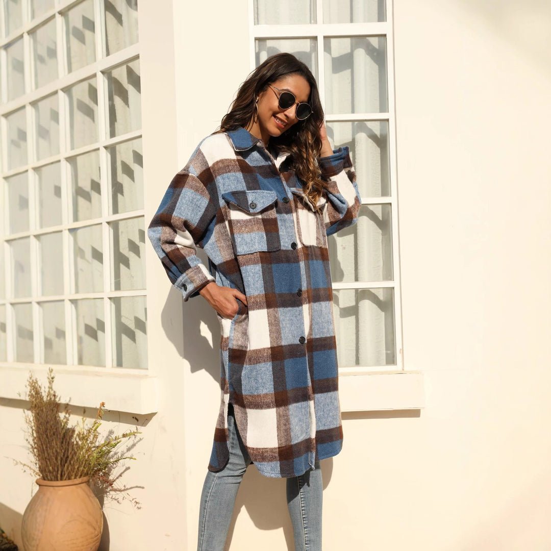 Women's Longline Check Shirt Jacket with Patch Pockets Mune Fashion