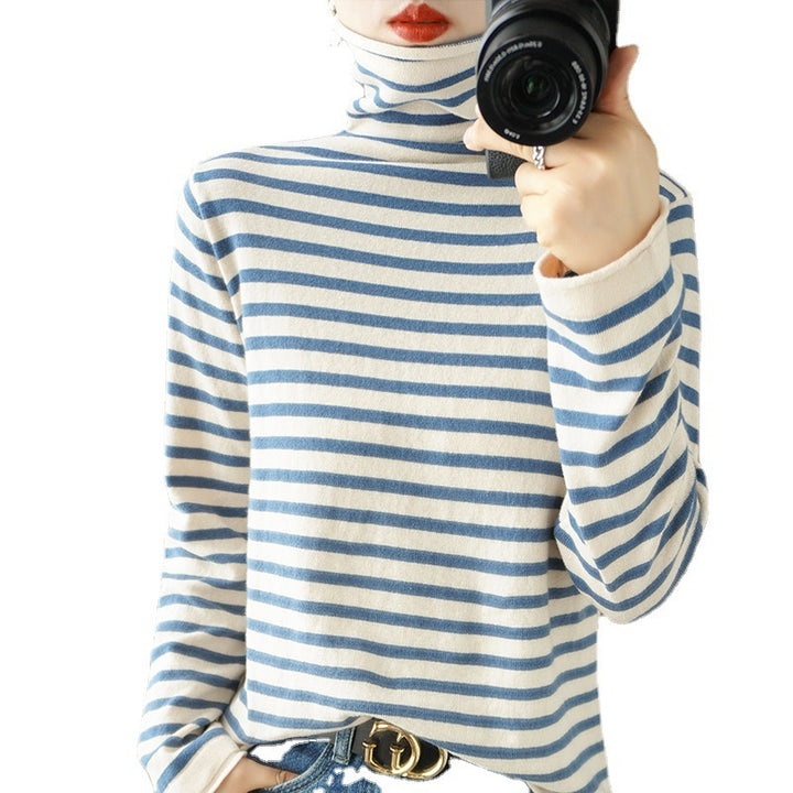 Ladies Maritime Fine Knit Turtleneck with Fine Stripe Pattern and Slim Fit Mune Fashion