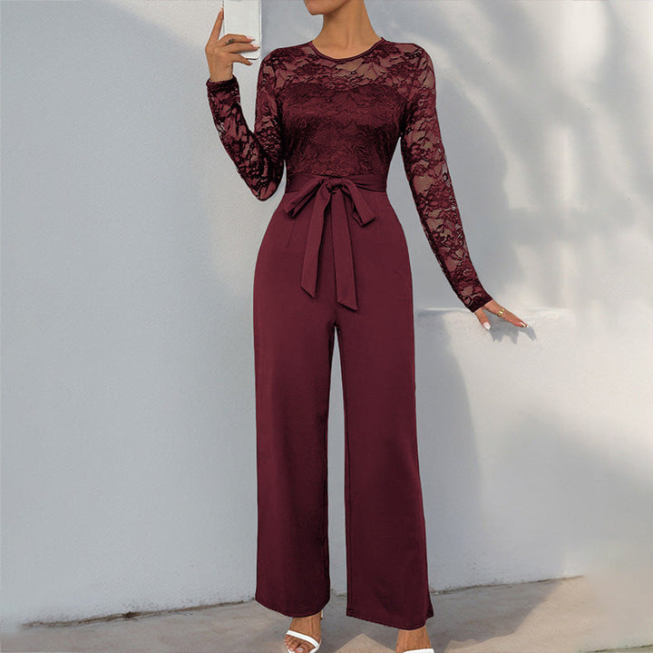 Ladies Elegant Jumpsuit with Lace Top and Fitted Waist Mune Fashion