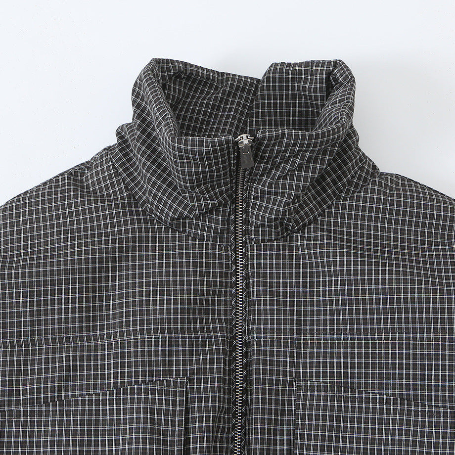 Women’s short jacket in checkered utility bomber with high stand collar and drawstring waist Mune Fashion
