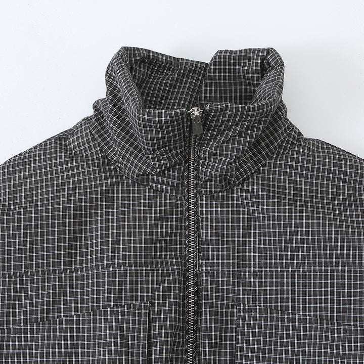 Women’s short jacket in checkered utility bomber with high stand collar and drawstring waist Mune Fashion