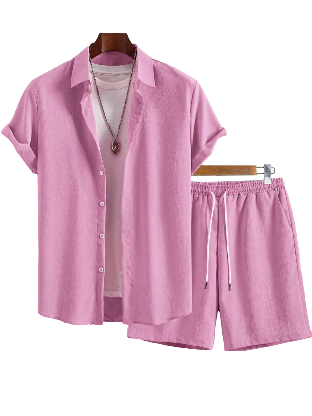Men's Crinkle Lounge Set with Open Lapel Shirt, Integrated Short Sleeve T-Shirt, and Drawstring Bermuda Mune Fashion
