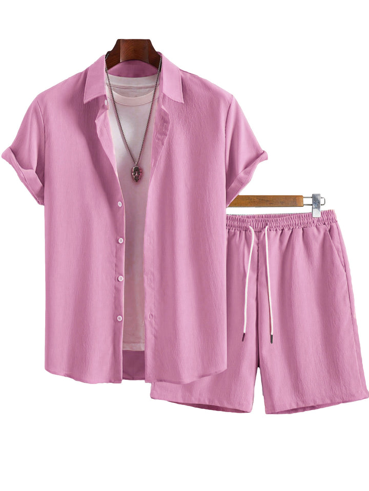 Men's Crinkle Lounge Set with Open Lapel Shirt, Integrated Short Sleeve T-Shirt, and Drawstring Bermuda Mune Fashion