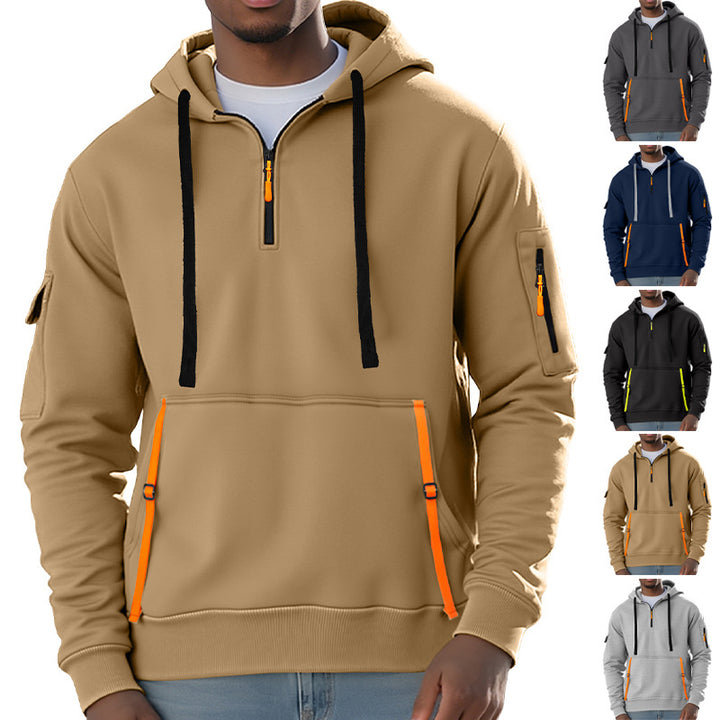 Men's Nano Urban Tech Hooded Half-Zip Pullover with Utility Arm Pocket, Kangaroo Pocket, and Adjustable Zipper Tapes Mune Fashion