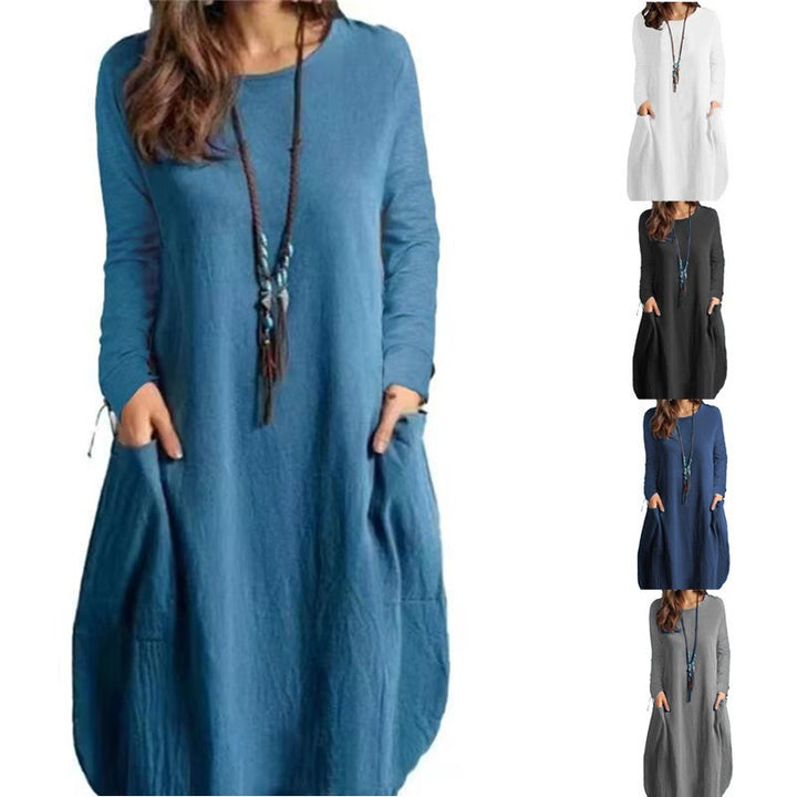 Women's Long A-Line Linen Look Dress with Pockets and Round Neckline Drune