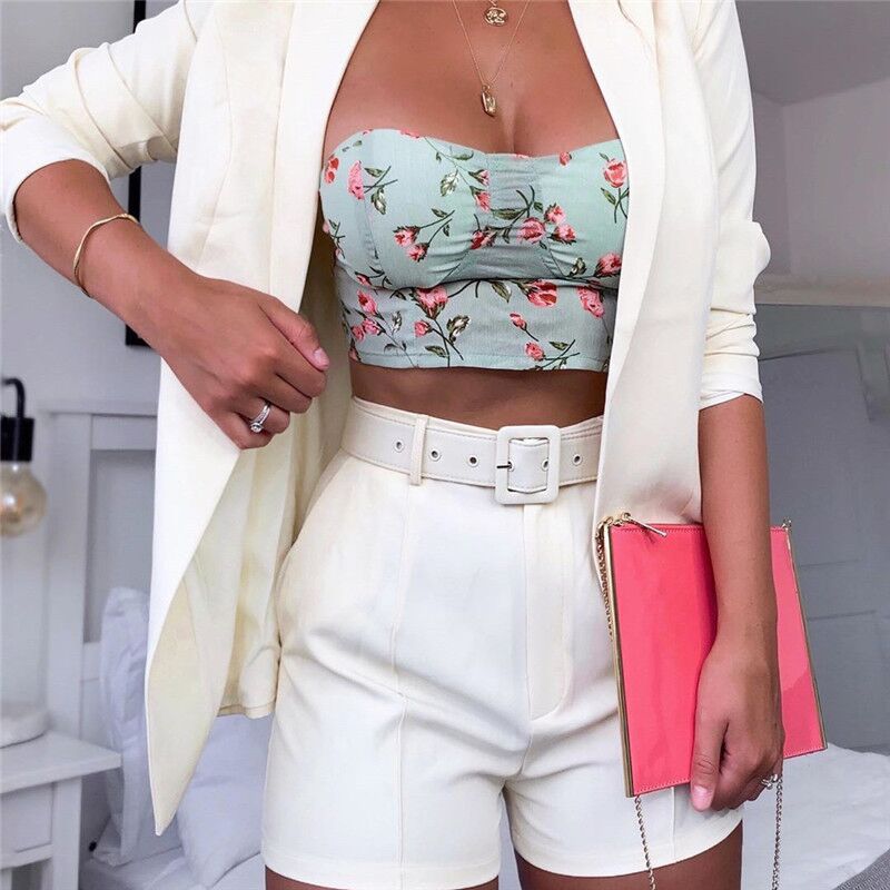 Women tailored long blazer-shorts set with emphasized shoulder area, high waist and wide belt Mune Fashion