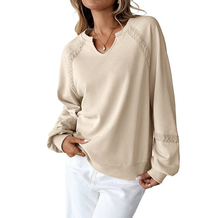 Women's Casual Sweatshirt with V-Notch, Lace Inserts and Balloon Sleeves Mune Fashion