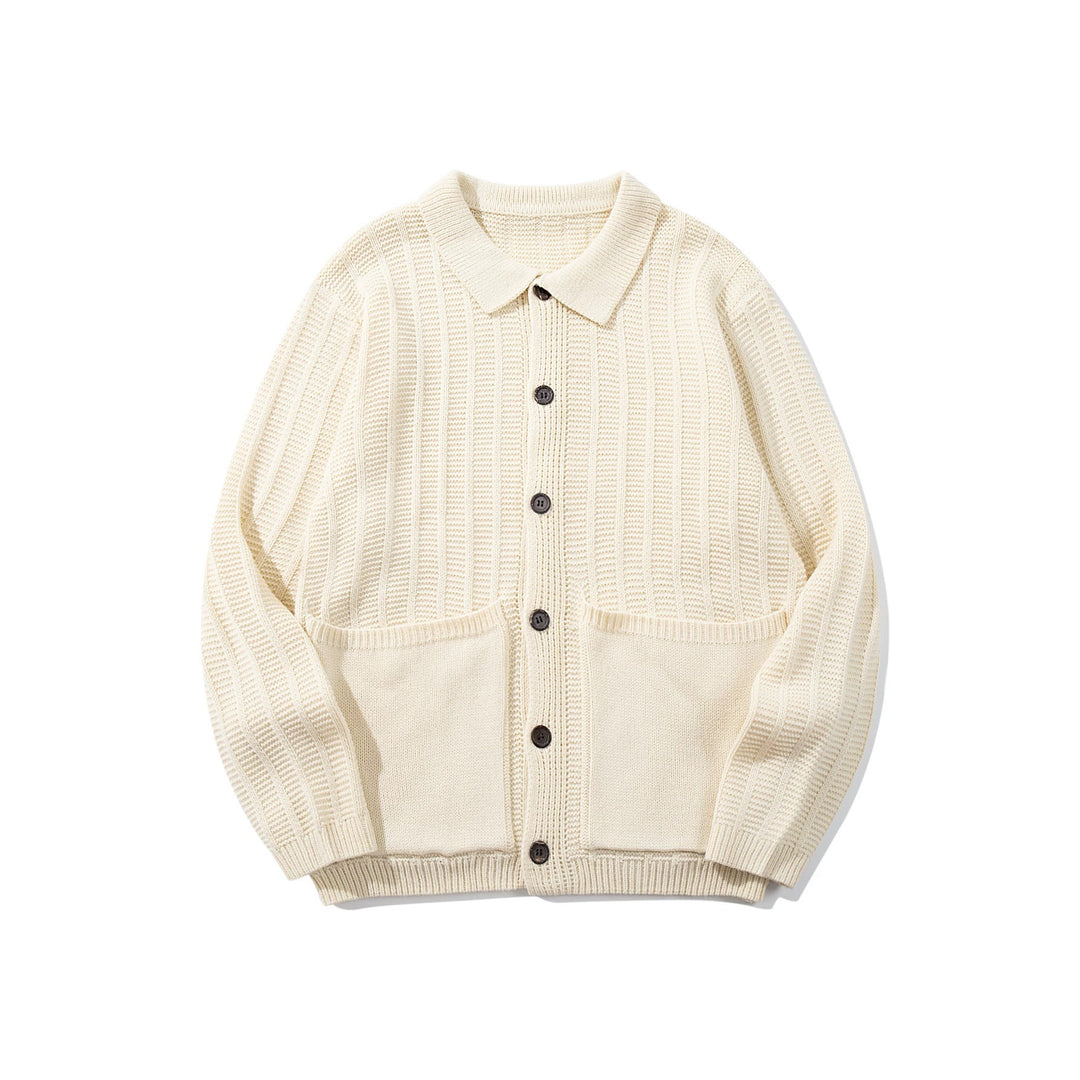 Unisex Textured Knit Cardigan with Shirt Collar and Patch Pockets Mune Fashion