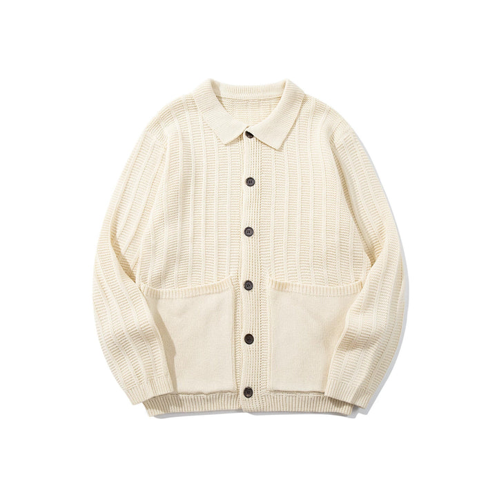 Unisex Textured Knit Cardigan with Shirt Collar and Patch Pockets Mune Fashion