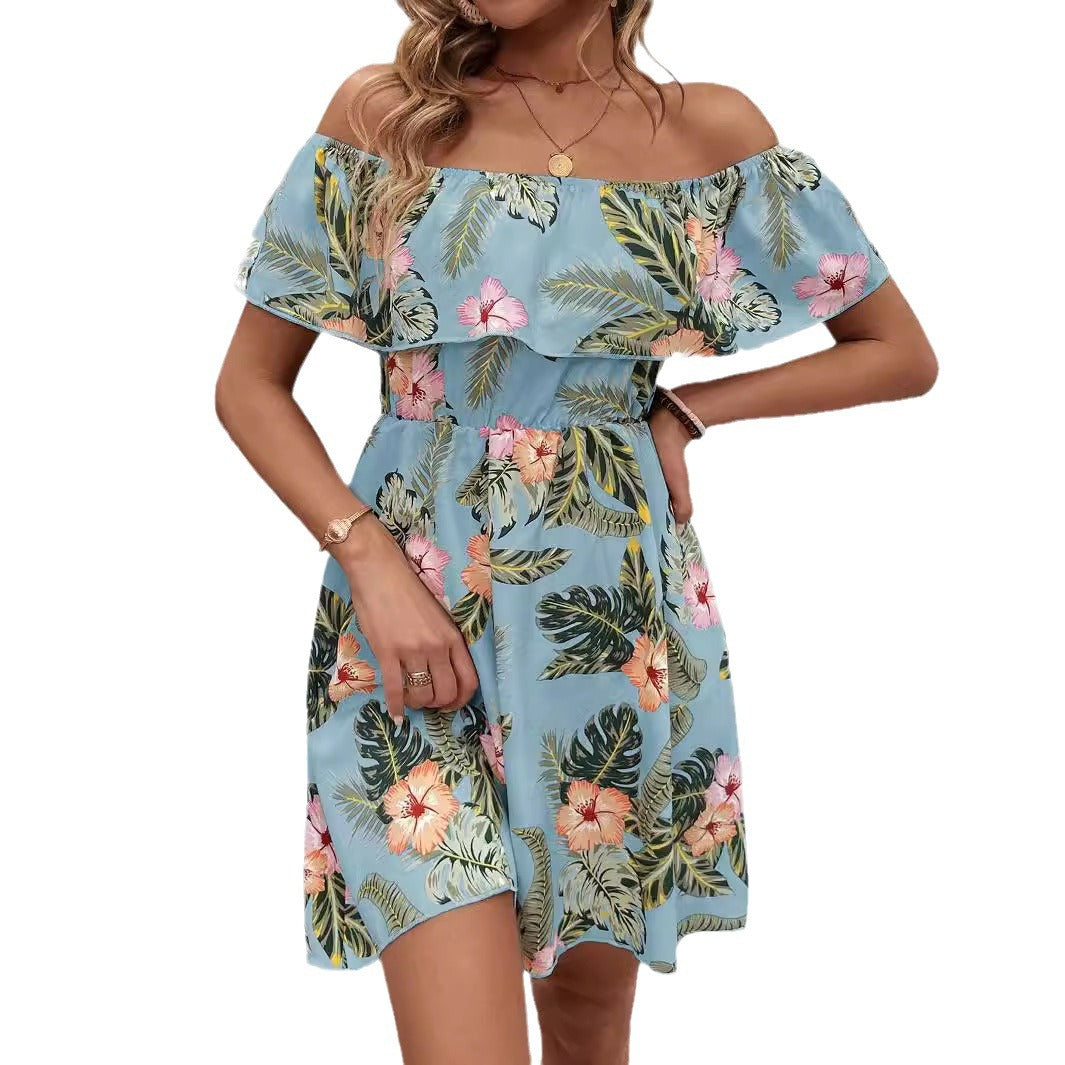 Women's off-shoulder midi dress with ruffle top, elastic waistline, and flared A-line skirt Mune Fashion