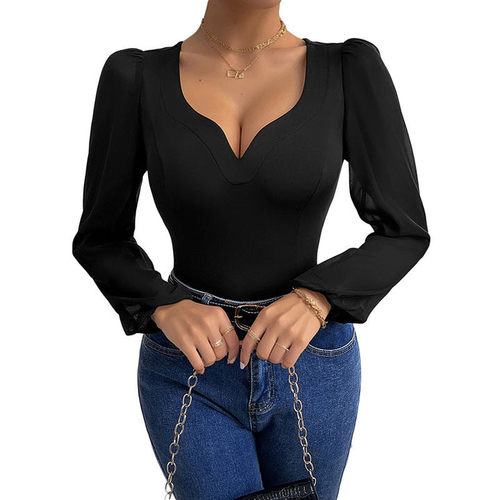 Women's figure-hugging bodysuit with heart-shaped neckline, puffed sleeves, and transparent chiffon sleeves Mune Fashion