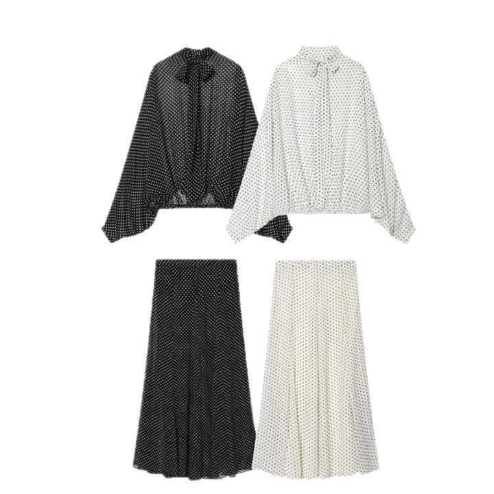 Women's Two-Piece Set made of lightweight chiffon with wide midi skirt and balloon sleeve blouse with bow collar Mune Fashion