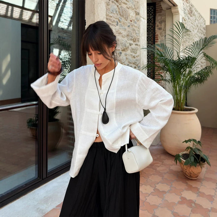 Women Oversized Linen Blouse with Mandarin Collar, Concealed Button Placket and Three-Quarter Sleeves Mune Fashion