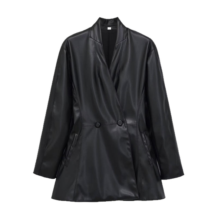 Women’s longer double-breasted blazer coat made of vegan leather look with shawl collar Mune Fashion