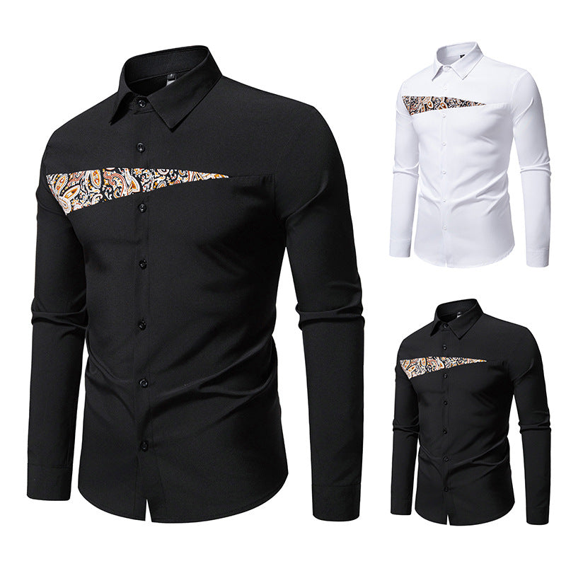 Men's Slim-Fit Business Shirt with Paisley Chest Insert and Kent Collar Mune Fashion
