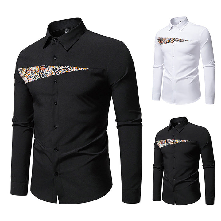 Men's Slim-Fit Business Shirt with Paisley Chest Insert and Kent Collar Mune Fashion