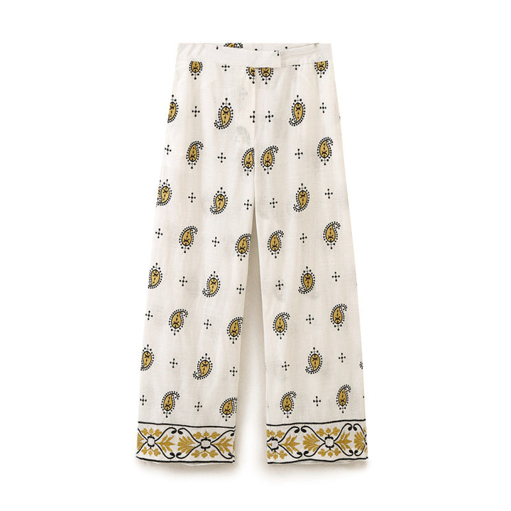Women's wide Palazzo pants with paisley print and decorative border hem Mune Fashion