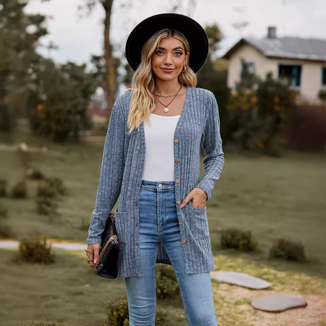 Women Long Cut Ribbed Knit Cardigan with Button Placket and Pocket Mune Fashion