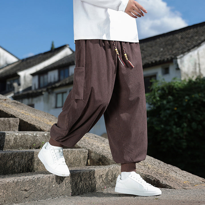Men's Wide-Fit Harem Jogging Pants made of Fine Cord with Decorative Tassel Drawstring Mune Fashion