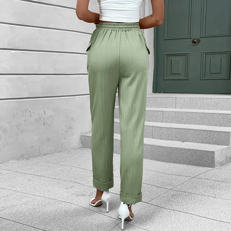 Women's Lightweight High-Waist Pants with Elastic Waistband, Drawstring, and Patch Pockets Mune Fashion