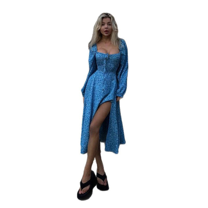 Damen Vintage-inspiriertes Midikleid mit quadratischem Ausschnitt, geraffter Brustpartie und langen Ärmeln Mune Fashion