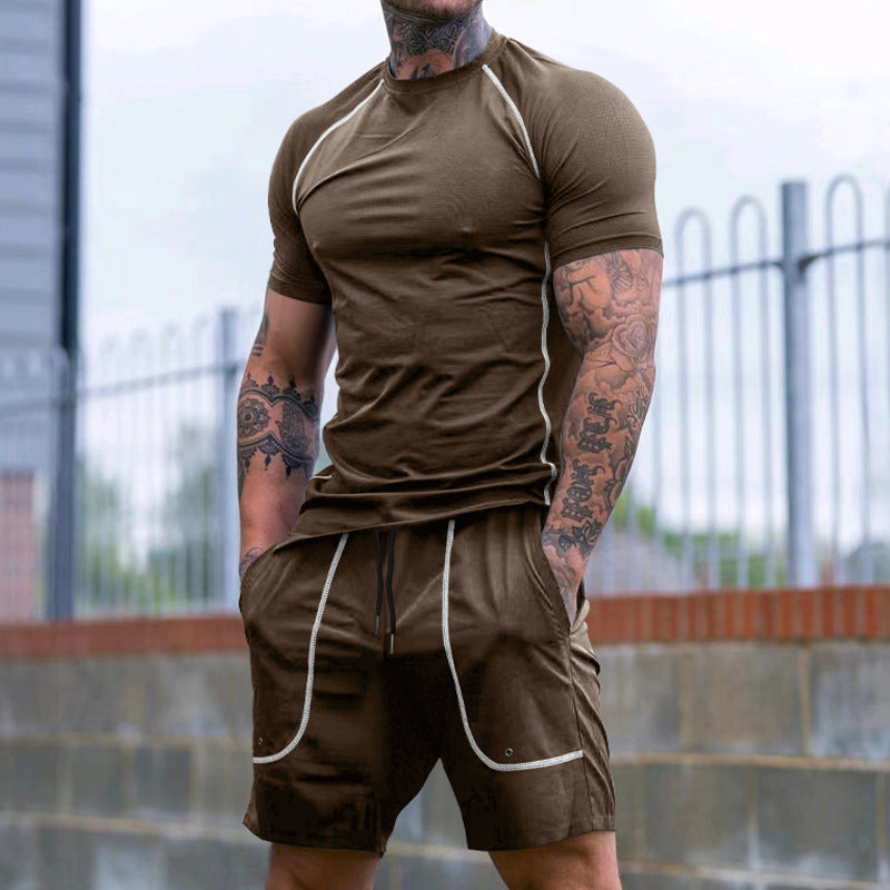 Men's Raglan-Fit Short Sleeve Shirt and Drawstring Shorts Set made of breathable stretch jersey with contrast stitching Mune Fashion