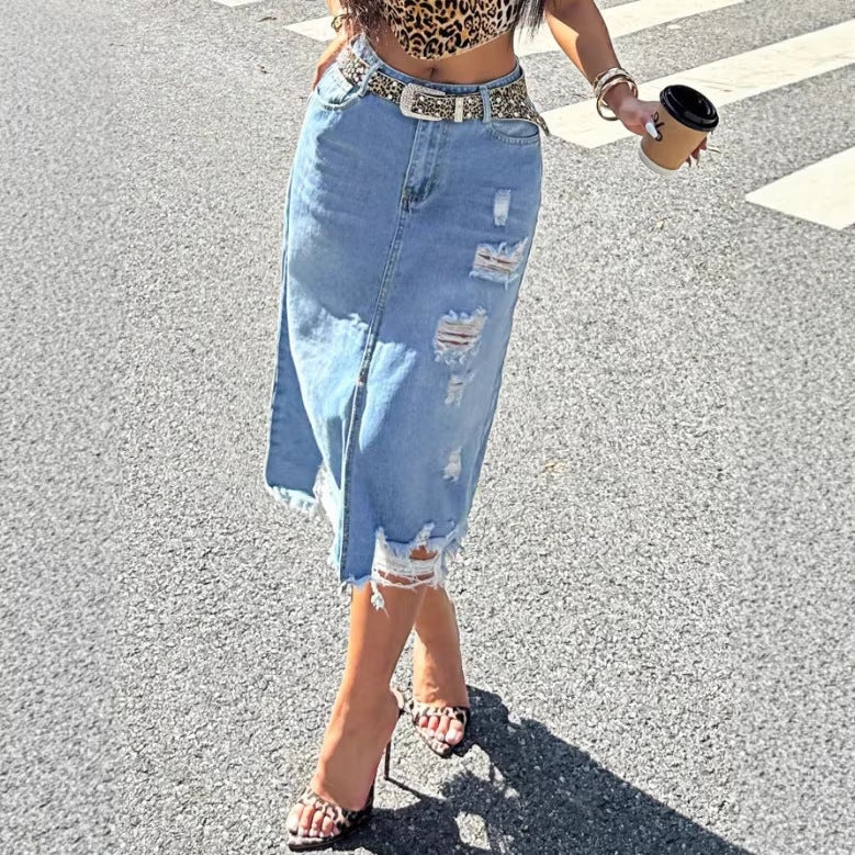 Ladies Denim Midi Skirt with Fringes Front Slit and Used Effects Mune Fashion