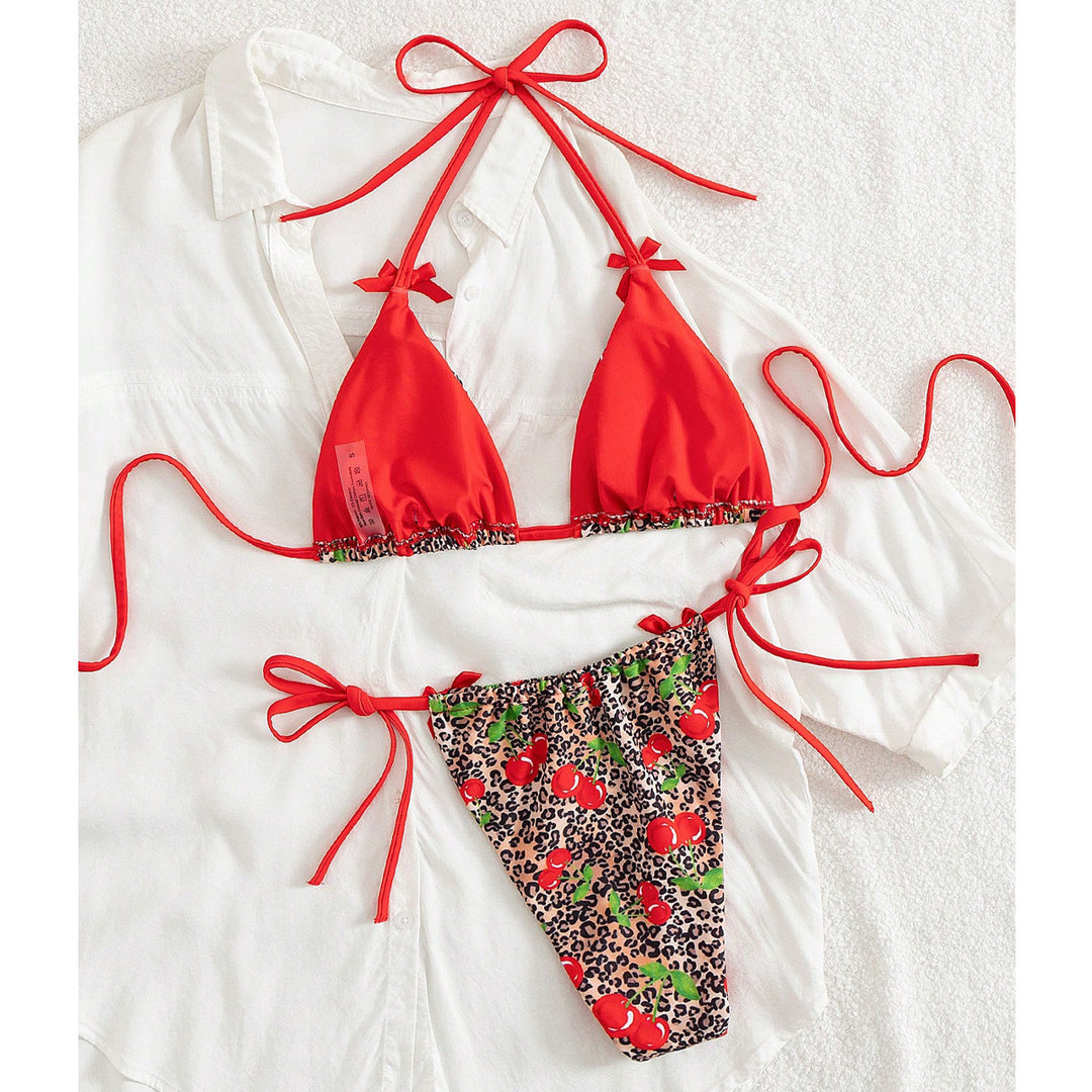 Women Triangle Bikini with Floral Cherry Pattern and Playful Details Mune Fashion