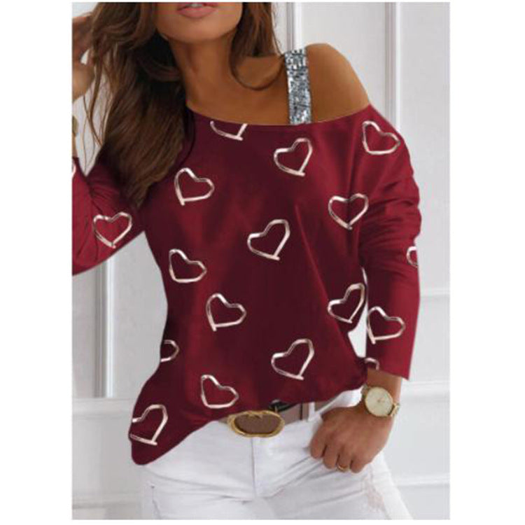 Women Off-Shoulder Knit Sweater with Heart Print and Sequin Straps Mune Fashion