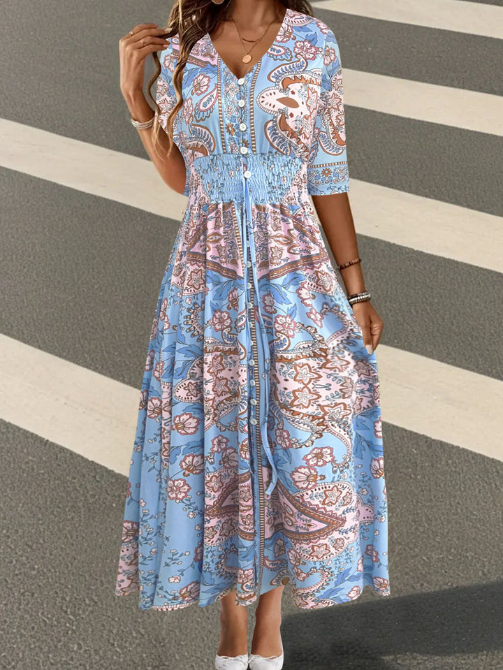Women's Boho Maxi Dress with V-neck, Button Placket and Smocked Waist