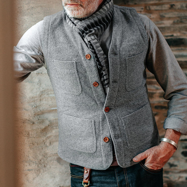 Men's Wool Look Structure Vest with V-Neck, Patch Pockets & Button Placket Mune Fashion