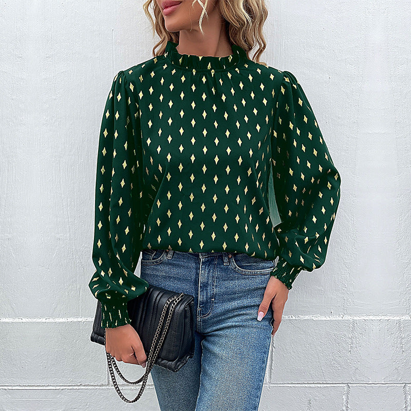 Women's Elegant Chiffon Blouse with Diamond Print, Gathered Stand Collar and Balloon Sleeves Mune Fashion