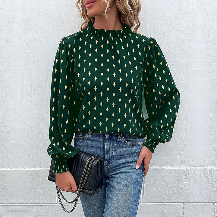 Women Elegant Blouse with Ruffles and Diamond Pattern Mune Fashion