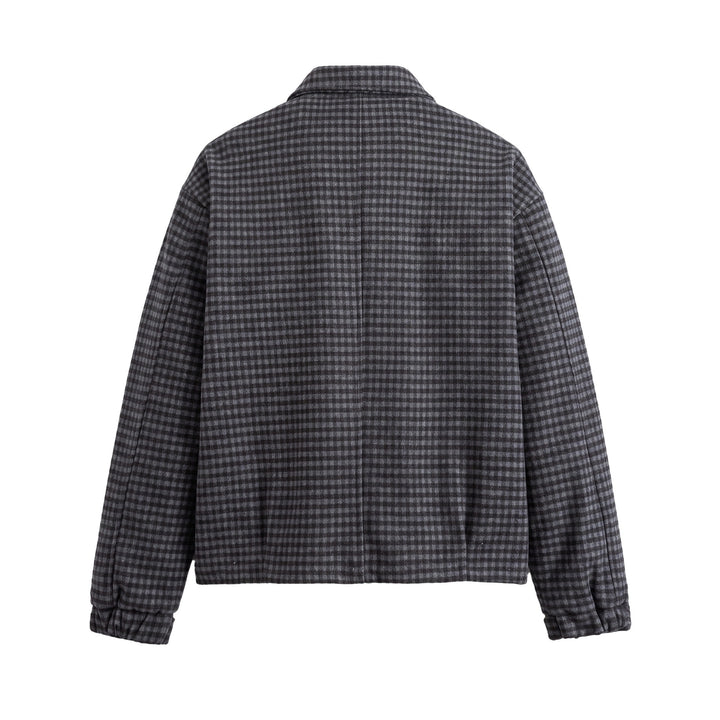 Men's Short-Cut Wool Blend Bomber with Houndstooth Pattern and Concealed Zipper