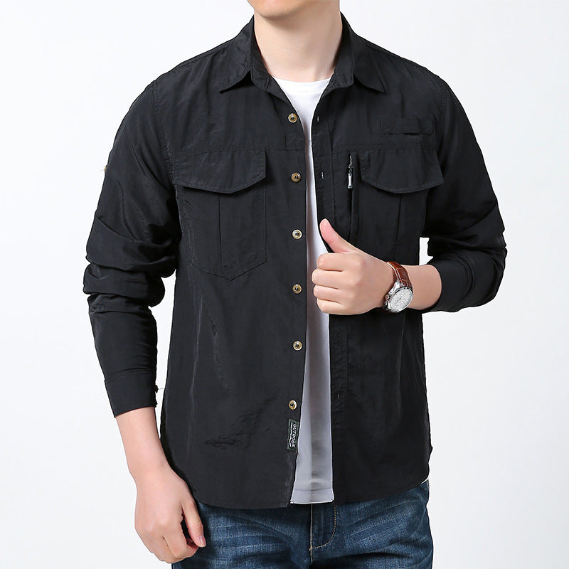 Men's ultra-lightweight utility shirt with concealed button placket, double patch chest pockets, and roll-up sleeve system Mune Fashion