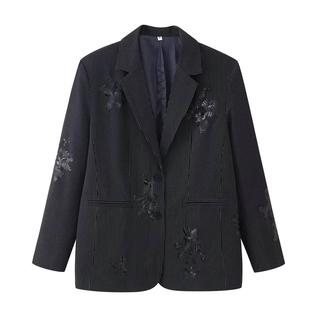 Women's light one-button blazer in pinstripes with floral sequin appliqué Mune Fashion
