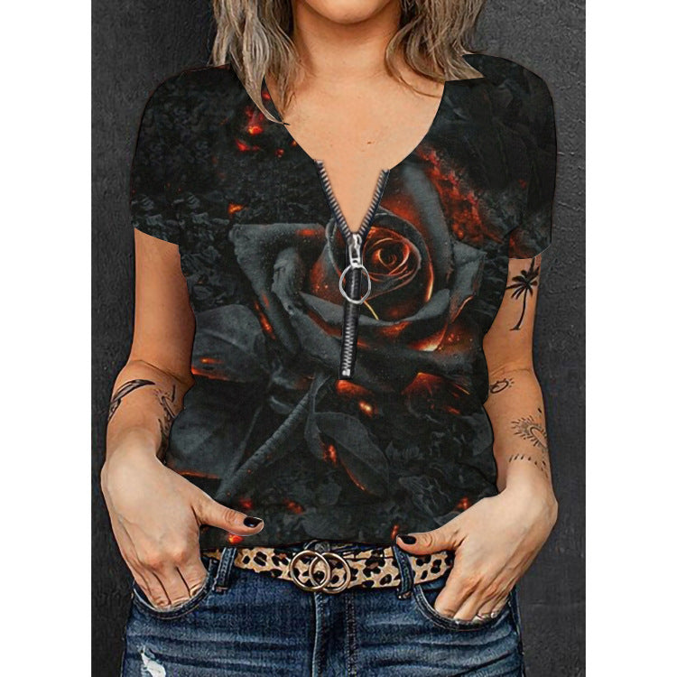 Women's Fashion T-Shirt with Zipper and Floral Design Mune Fashion