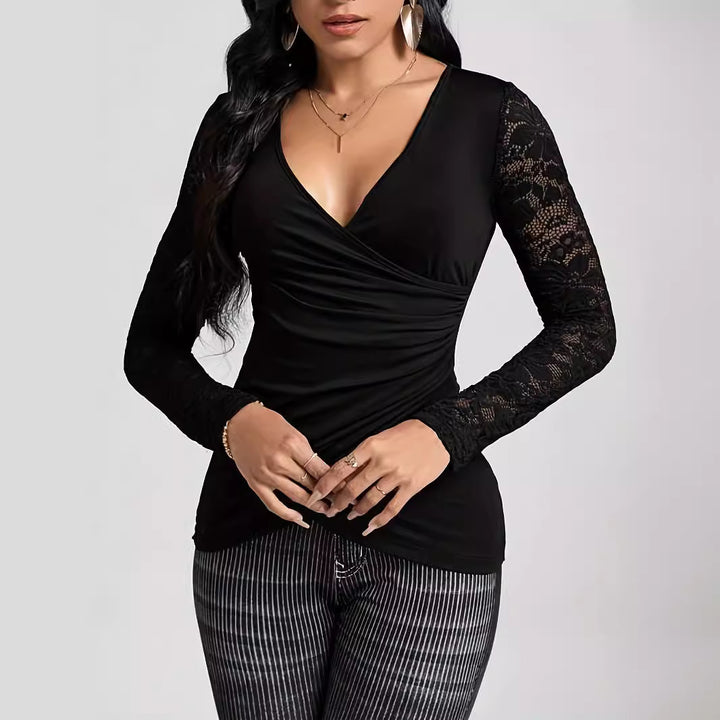 Women's fitted draped top with deep V-neck, gathers, and floral lace sleeves Mune Fashion