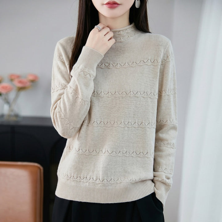Women's lightweight lace-knit pullover with short stand-up collar and fine ribbed hem Mune Fashion