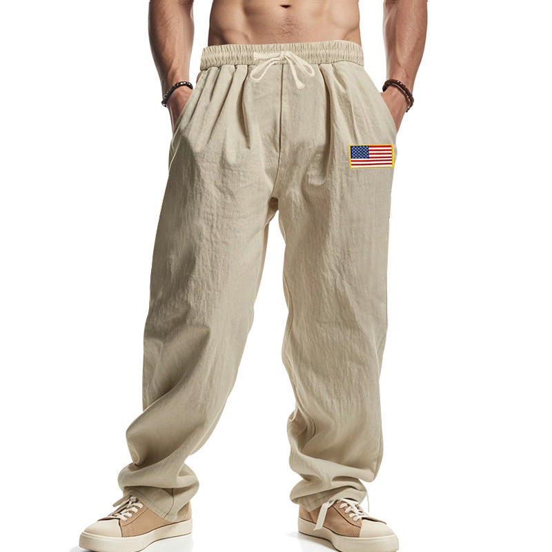 Men's loose-fitting leisure pants in linen look with elastic waist, drawstring & flag patch Mune Fashion