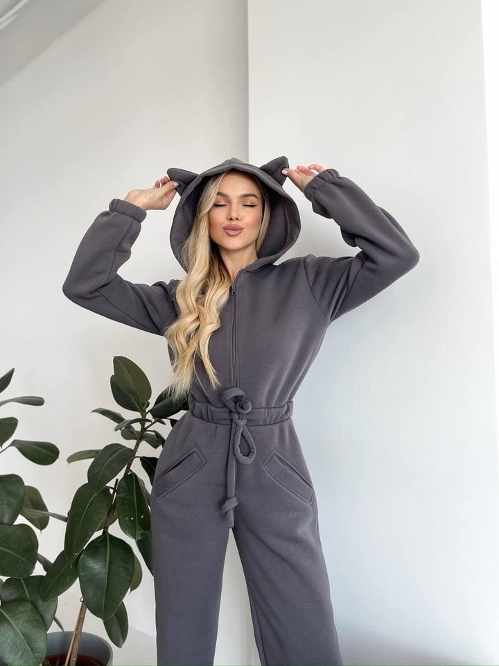 Women Cozy Hooded Overall with Cat Ears and Waist Drawstring Mune Fashion