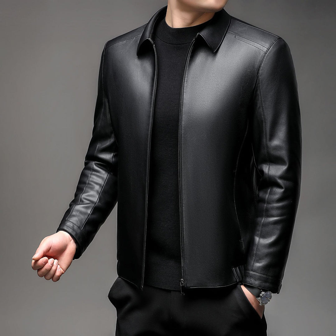 Men's leather jacket with warming fur lining, shirt collar and zipper Mune Fashion