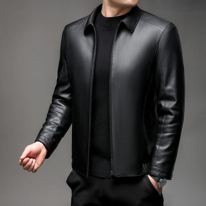 Men's leather jacket with warming fur lining, shirt collar and zipper Mune Fashion