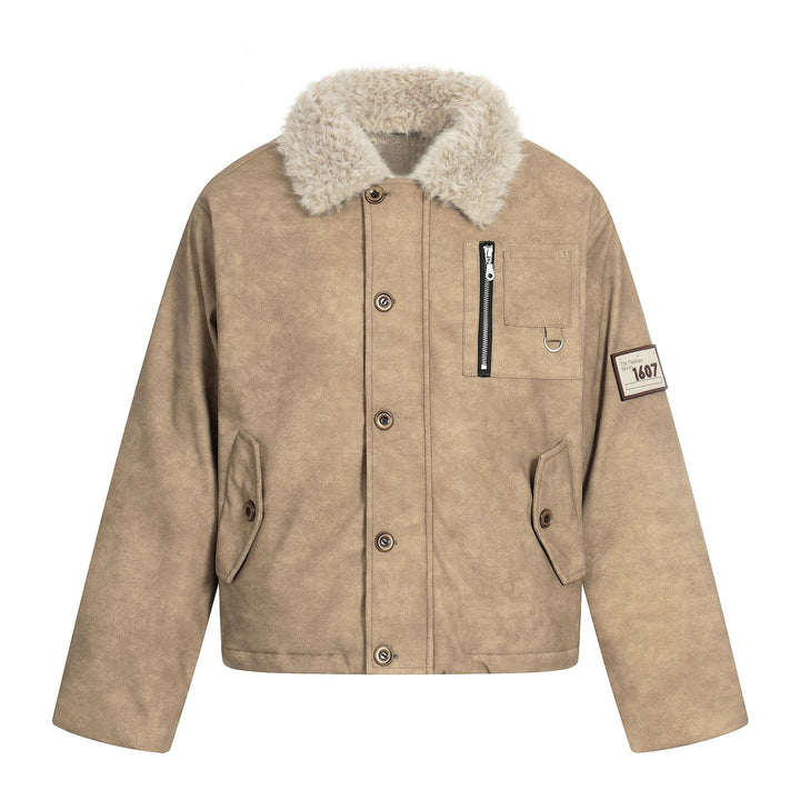 Men's short jacket in retro-military look with teddy fur collar and functional breast pockets Mune Fashion