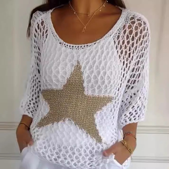 Women's oversized crocheted pullover with star appliqué and 3/4 sleeves Mune Fashion