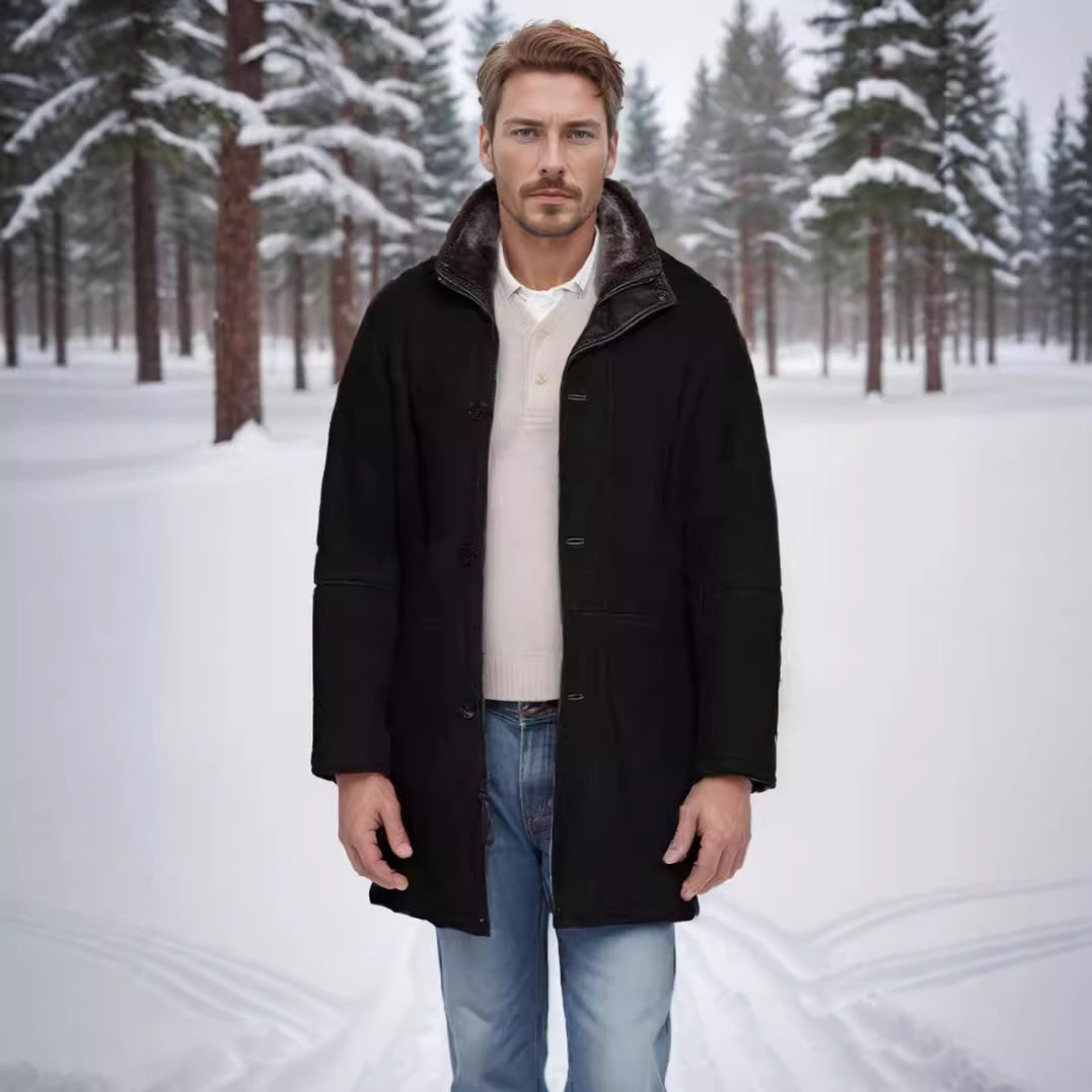 Men's Long Thermal Coat in Field Style with Faux Lambskin Inner Sides and Two-Way Zipper Mune Fashion